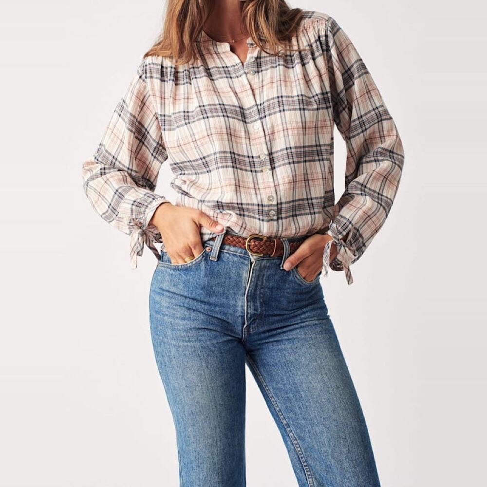 Faherty Everleigh Button-Up Top Womens XS Cream Ellicott Plaid